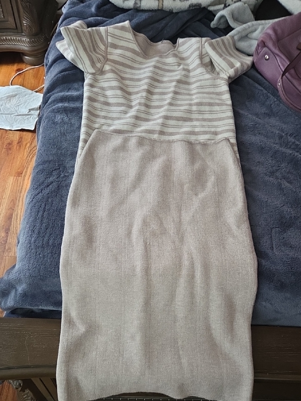 Neutral Beige Striped Knit Short-Sleeve Top And Skirt